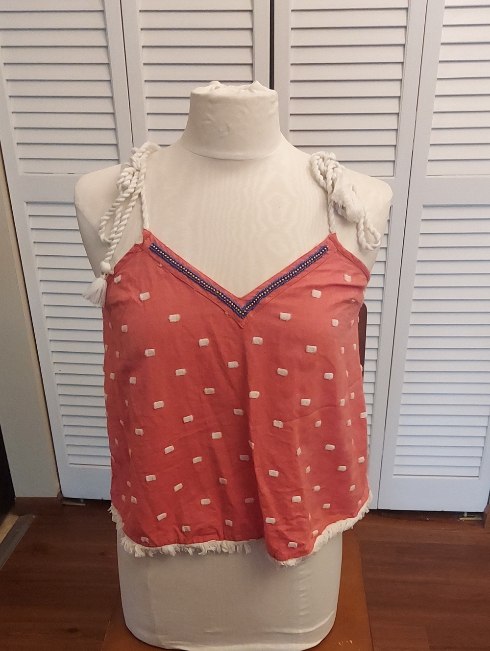 aerie Coral Tassel Strap Camisole with White Accents